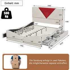 Lit 140x190 avec Rangements, Tête de Lit Bicolore Bordeaux, 2 Tiroirs, Design Moderne, Velours, Beige