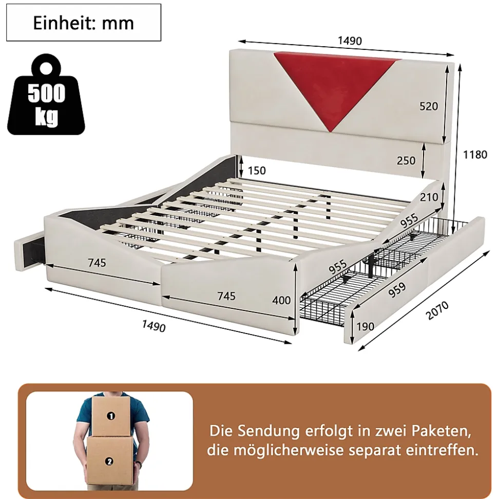 Lit 140x190 avec Rangements, Tête de Lit Bicolore Bordeaux, 2 Tiroirs, Design Moderne, Velours, Beige