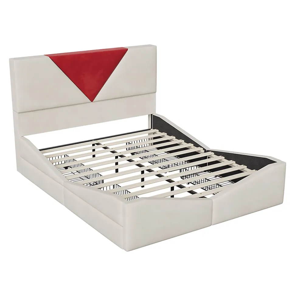 Lit 140x190 avec Rangements, Tête de Lit Bicolore Bordeaux, 2 Tiroirs, Design Moderne, Velours, Beige