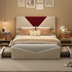 Lit 140x190 avec Rangements, Tête de Lit Bicolore Bordeaux, 2 Tiroirs, Design Moderne, Velours, Beige