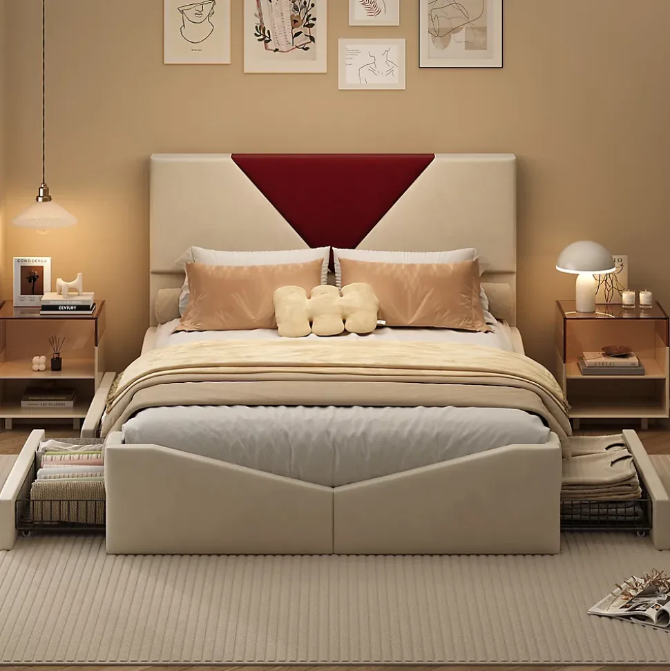 Lit 140x190 avec Rangements, Tête de Lit Bicolore Bordeaux, 2 Tiroirs, Design Moderne, Velours, Beige