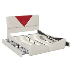 Lit 140x190 avec Rangements, Tête de Lit Bicolore Bordeaux, 2 Tiroirs, Design Moderne, Velours, Beige