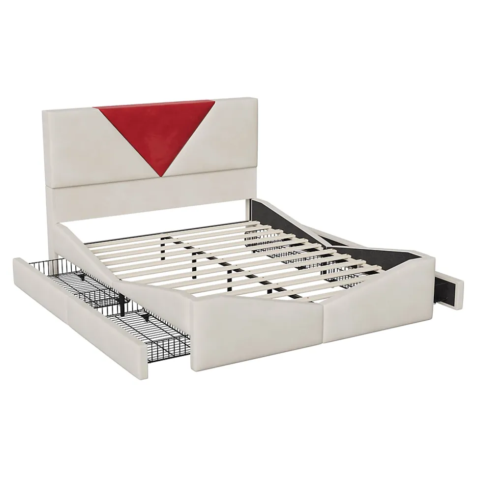 Lit 140x190 avec Rangements, Tête de Lit Bicolore Bordeaux, 2 Tiroirs, Design Moderne, Velours, Beige