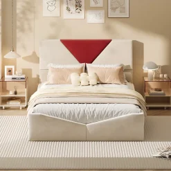 Lit 140x190 avec Rangements, Tête de Lit Bicolore Bordeaux, 2 Tiroirs, Design Moderne, Velours, Beige