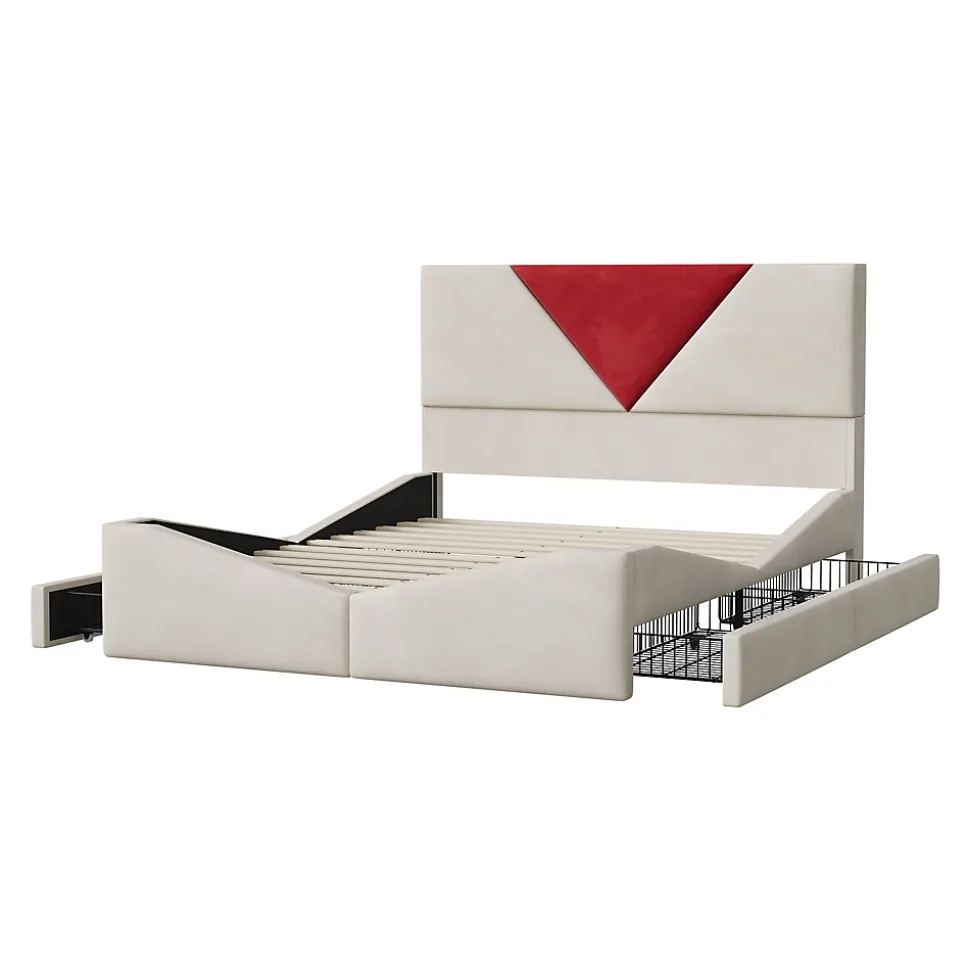 Lit 140x190 avec Rangements, Tête de Lit Bicolore Bordeaux, 2 Tiroirs, Design Moderne, Velours, Beige