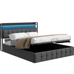 Lit 140x200 avec Sommier, Cadre de lit avec Éclairage LED et 2 Prises CA & 2 Ports USB,Tissu en Lin, Gris