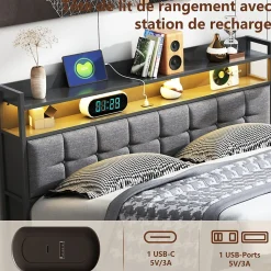Lit 140x200 avec Sommier, Cadre de lit avec Éclairage LED et 2 Prises CA & 2 Ports USB,Tissu en Lin, Gris