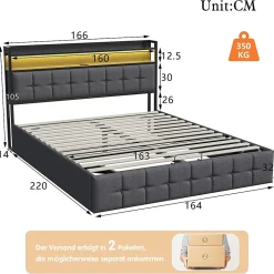 Lit 160x200 avec Sommier, Cadre de lit avec Éclairage LED et 2 Prises CA & 2 Ports USB,Tissu en Lin, Gris