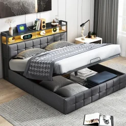 Lit 160x200 avec Sommier, Cadre de lit avec Éclairage LED et 2 Prises CA & 2 Ports USB,Tissu en Lin, Gris