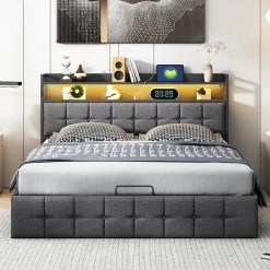 Lit 160x200 avec Sommier, Cadre de lit avec Éclairage LED et 2 Prises CA & 2 Ports USB,Tissu en Lin, Gris