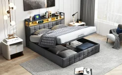 Lit 160x200 avec Sommier, Cadre de lit avec Éclairage LED et 2 Prises CA & 2 Ports USB,Tissu en Lin, Gris