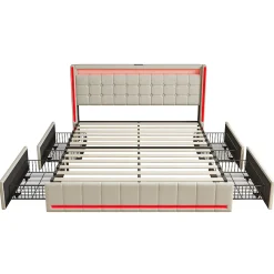 Lit 160x200 Avec Sommier LED Et USB, Lit Coffre 160x200 Avec Lattes Et 4 Tiroirs , Beige