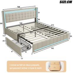 Lit 160x200 Avec Sommier LED Et USB, Lit Coffre 160x200 Avec Lattes Et 4 Tiroirs , Beige