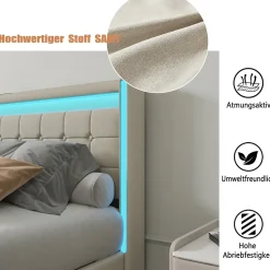 Lit 160x200 Avec Sommier LED Et USB, Lit Coffre 160x200 Avec Lattes Et 4 Tiroirs , Beige