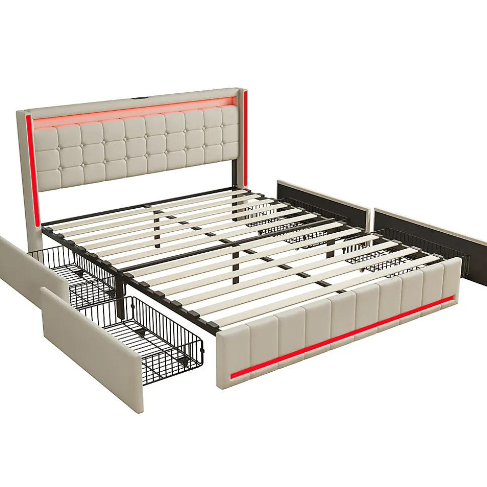 Lit 160x200 avec Sommier LED et USB, Lit Coffre 140x200 avec Lattes et 4 Tiroirs , Beige