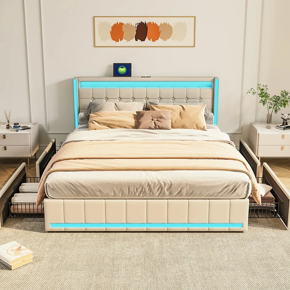 Lit 160x200 avec Sommier LED et USB, Lit Coffre 140x200 avec Lattes et 4 Tiroirs , Beige