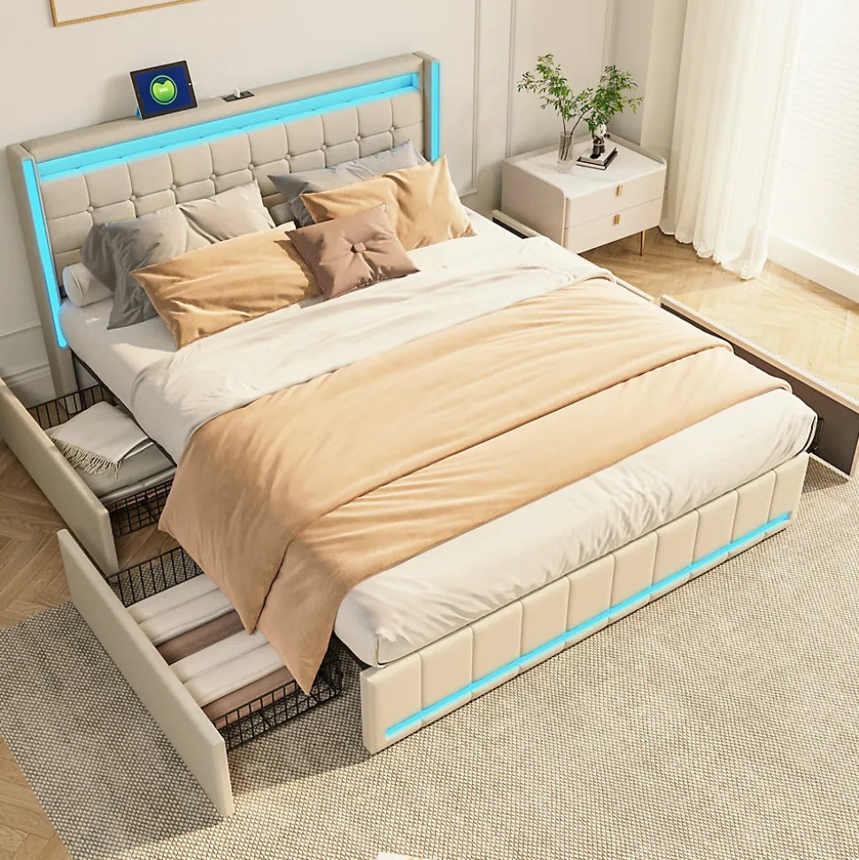 Lit 160x200 avec Sommier LED et USB, Lit Coffre 140x200 avec Lattes et 4 Tiroirs , Beige