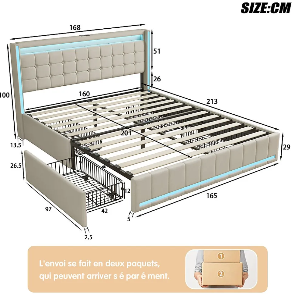 Lit 160x200 avec Sommier LED et USB, Lit Coffre 140x200 avec Lattes et 4 Tiroirs , Beige