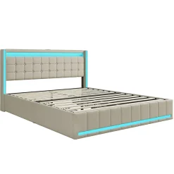 Lit 160x200 avec Sommier LED et USB, Lit Coffre 140x200 avec Lattes et 4 Tiroirs , Beige