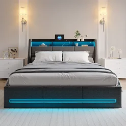 Lit 140x190 avec Sommier LED et USB, Lit Coffre avec Rangement et Tete de Lit, lit 2 persons de Rangement Hydraulique, Gris