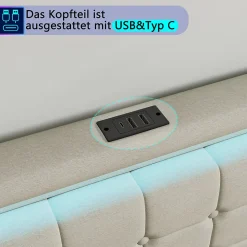 Lit 140x190 avec Sommier LED et USB, Lit Double avec 4 tiroirs, Beige