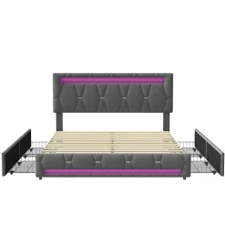 Lit 160x200 avec Sommier LED et USB,Lit capitonné avec 4 tiroirs et Grand Rangement Lit,Gris