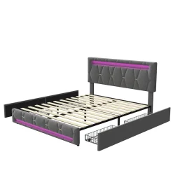 Lit 160x200 avec Sommier LED et USB,Lit capitonné avec 4 tiroirs et Grand Rangement Lit,Gris