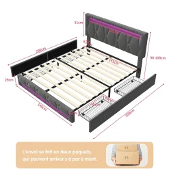 Lit 160x200 avec Sommier LED et USB,Lit capitonné avec 4 tiroirs et Grand Rangement Lit,Gris