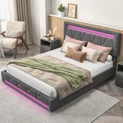 Lit 160x200 avec Sommier LED et USB,Lit capitonné avec 4 tiroirs et Grand Rangement Lit,Gris