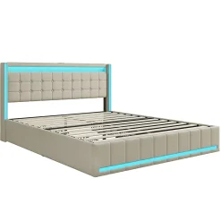Lit 140x200 Avec Sommier LED Et USB, Lit Coffre 140x200 Avec Lattes Et 4 Tiroirs , Beige