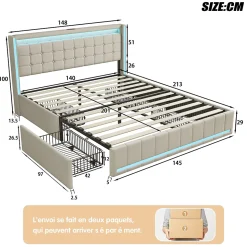 Lit 140x200 Avec Sommier LED Et USB, Lit Coffre 140x200 Avec Lattes Et 4 Tiroirs , Beige
