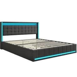 Lit 180x200 Avec Sommier LED Et USB, Lit Coffre 140x200 Avec Lattes Et 4 Tiroirs , Gris