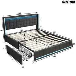Lit 180x200 Avec Sommier LED Et USB, Lit Coffre 140x200 Avec Lattes Et 4 Tiroirs , Gris