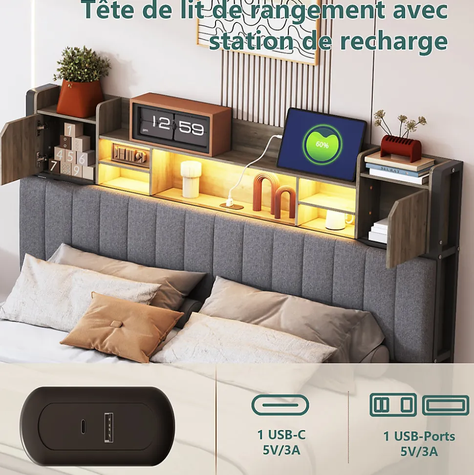 Lit 160x200 avec Sommier LED et USB, Lit Coffre avec 4 Tiroirs et Rangement Tête Delit, Gris
