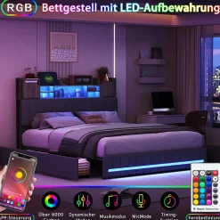 Lit 160x200 avec Sommier LED et USB, Lit Coffre avec 4 Tiroirs et Rangement Tête Delit, Gris