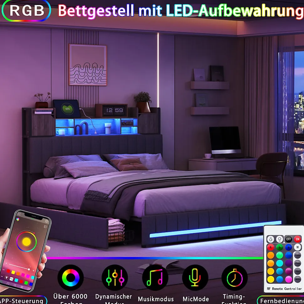 Lit 160x200 avec Sommier LED et USB, Lit Coffre avec 4 Tiroirs et Rangement Tête Delit, Gris