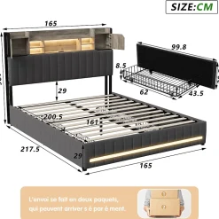 Lit 160x200 avec Sommier LED et USB, Lit Coffre avec 4 Tiroirs et Rangement Tête Delit, Gris