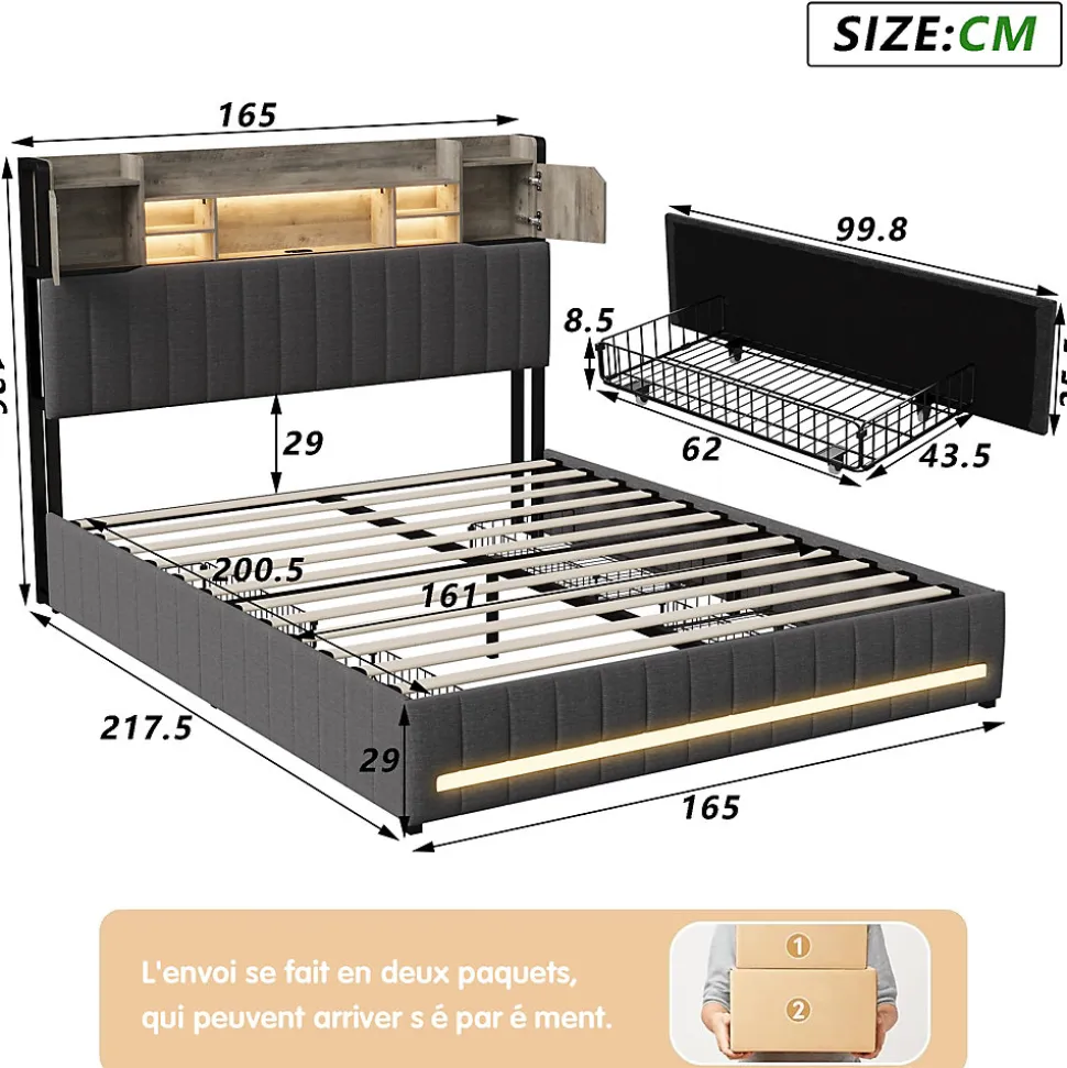 Lit 160x200 avec Sommier LED et USB, Lit Coffre avec 4 Tiroirs et Rangement Tête Delit, Gris