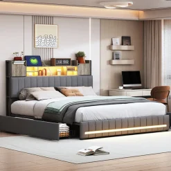 Lit 160x200 avec Sommier LED et USB, Lit Coffre avec 4 Tiroirs et Rangement Tête Delit, Gris