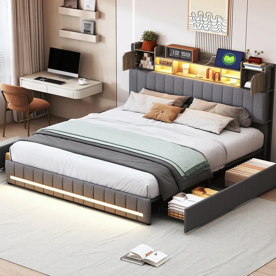 Lit 160x200 avec Sommier LED et USB, Lit Coffre avec 4 Tiroirs et Rangement Tête Delit, Gris