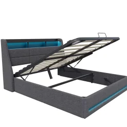 Lit 140x190 Avec Sommier LED Et Charge USB, Avec 4 Tiroirs Et Tête De Lit De Rangement, Lin, Gris