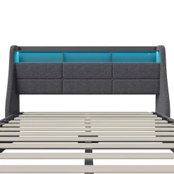 Lit 140x190 Avec Sommier LED Et Charge USB, Avec 4 Tiroirs Et Tête De Lit De Rangement, Lin, Gris