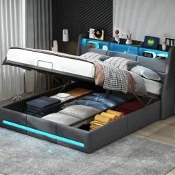 Lit 140x190 Avec Sommier LED Et Charge USB, Avec 4 Tiroirs Et Tête De Lit De Rangement, Lin, Gris