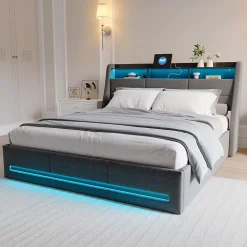 Lit 140x190 Avec Sommier LED Et Charge USB, Avec 4 Tiroirs Et Tête De Lit De Rangement, Lin, Gris