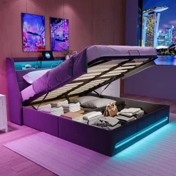 Lit 140x190 avec sommier LED et USB, lit coffre avec tête de lit, gris