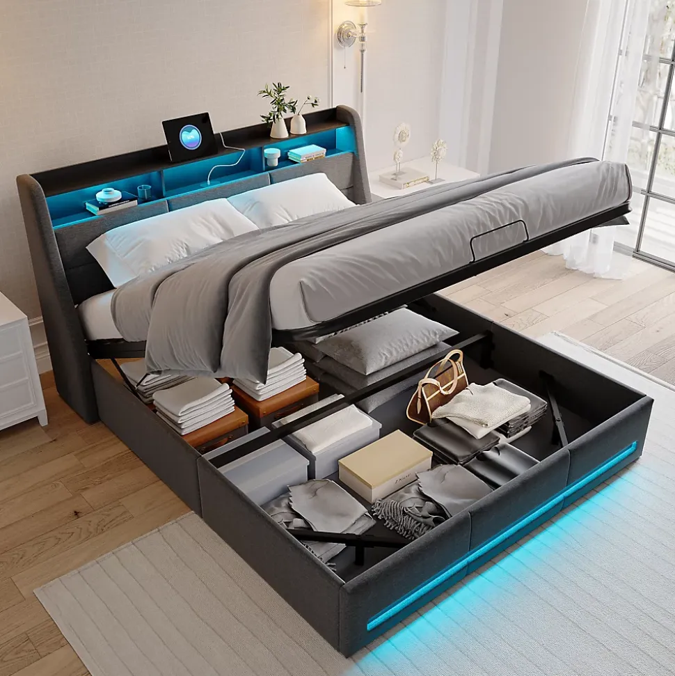 Lit 140x190 avec sommier LED et USB, lit coffre avec tête de lit, gris
