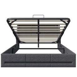 Lit 140x190 avec sommier LED et USB, lit coffre avec tête de lit, gris