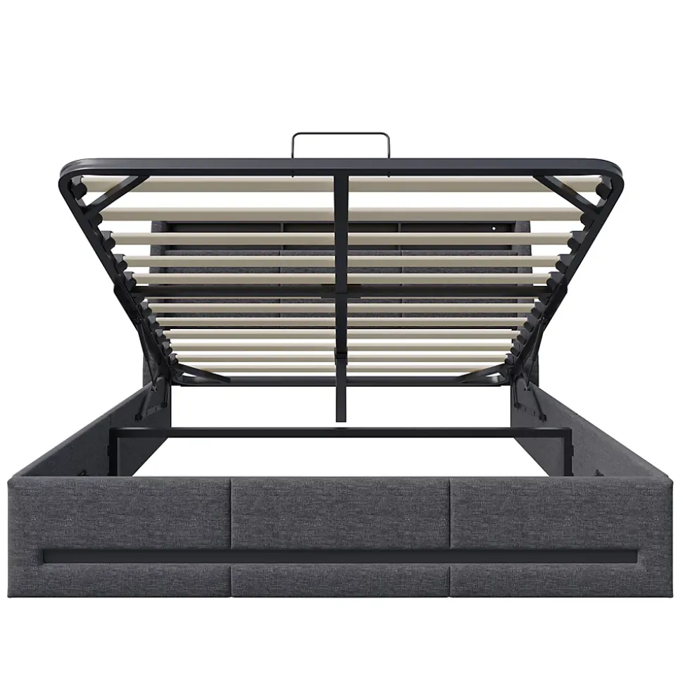 Lit 140x190 avec sommier LED et USB, lit coffre avec tête de lit, gris