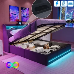 Lit 140x190 avec sommier LED et USB, lit coffre avec tête de lit, gris