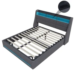 Lit 140x190 avec sommier LED et USB, lit coffre avec tête de lit, gris